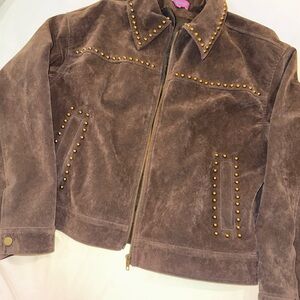 Edikted Memphis Studded Faux Brown Suede Jacket with Gold Studs